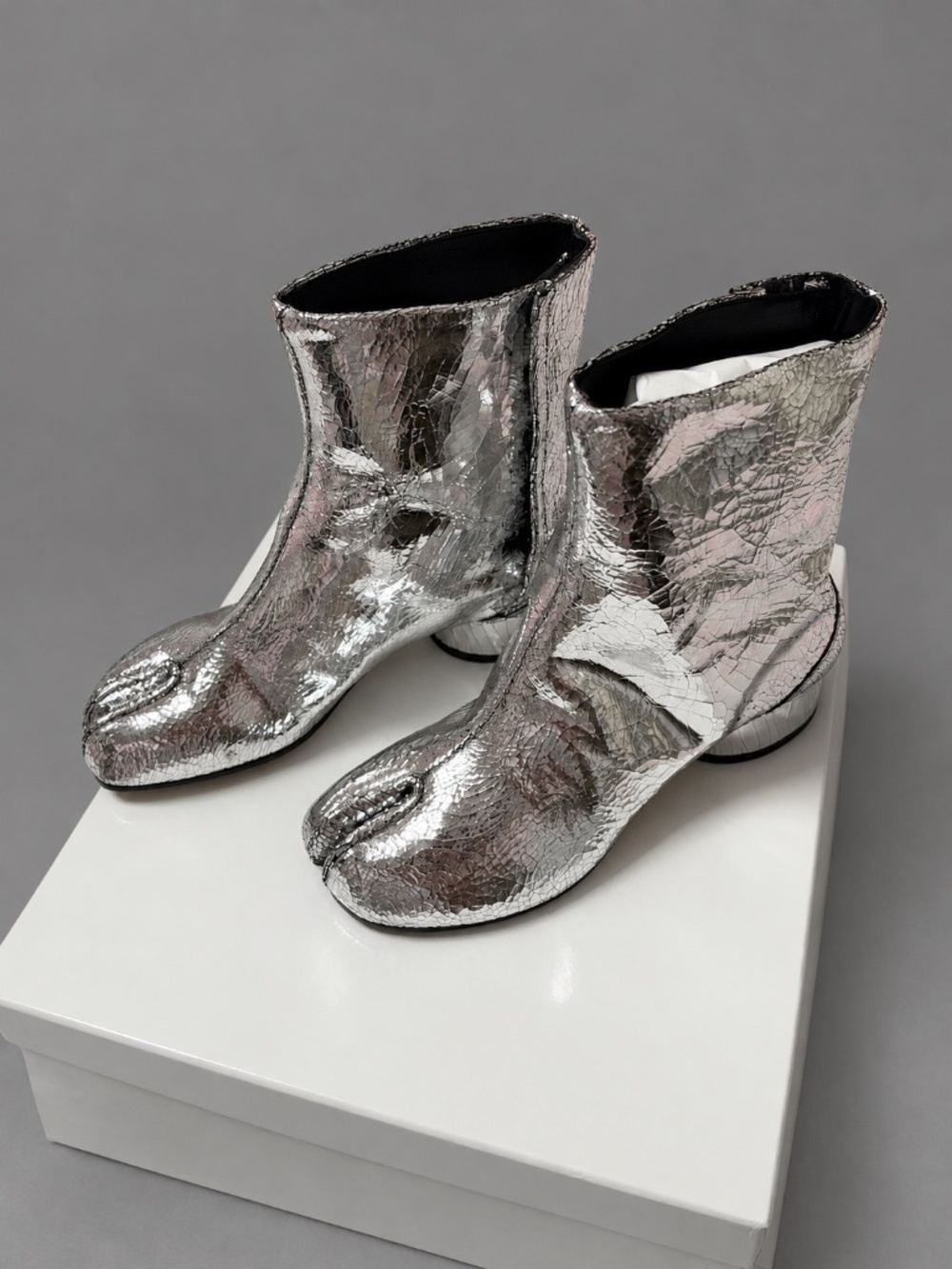 Maison Margiela Tabi Silver Broken Mirror Leather Split Toe Ankle Boots EU35